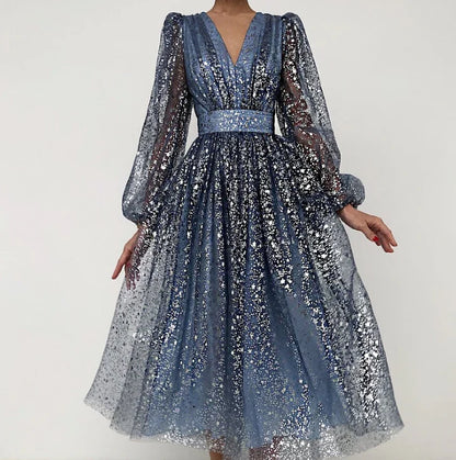 Long Sleeve V-neck High Waist Slim Prom Dress