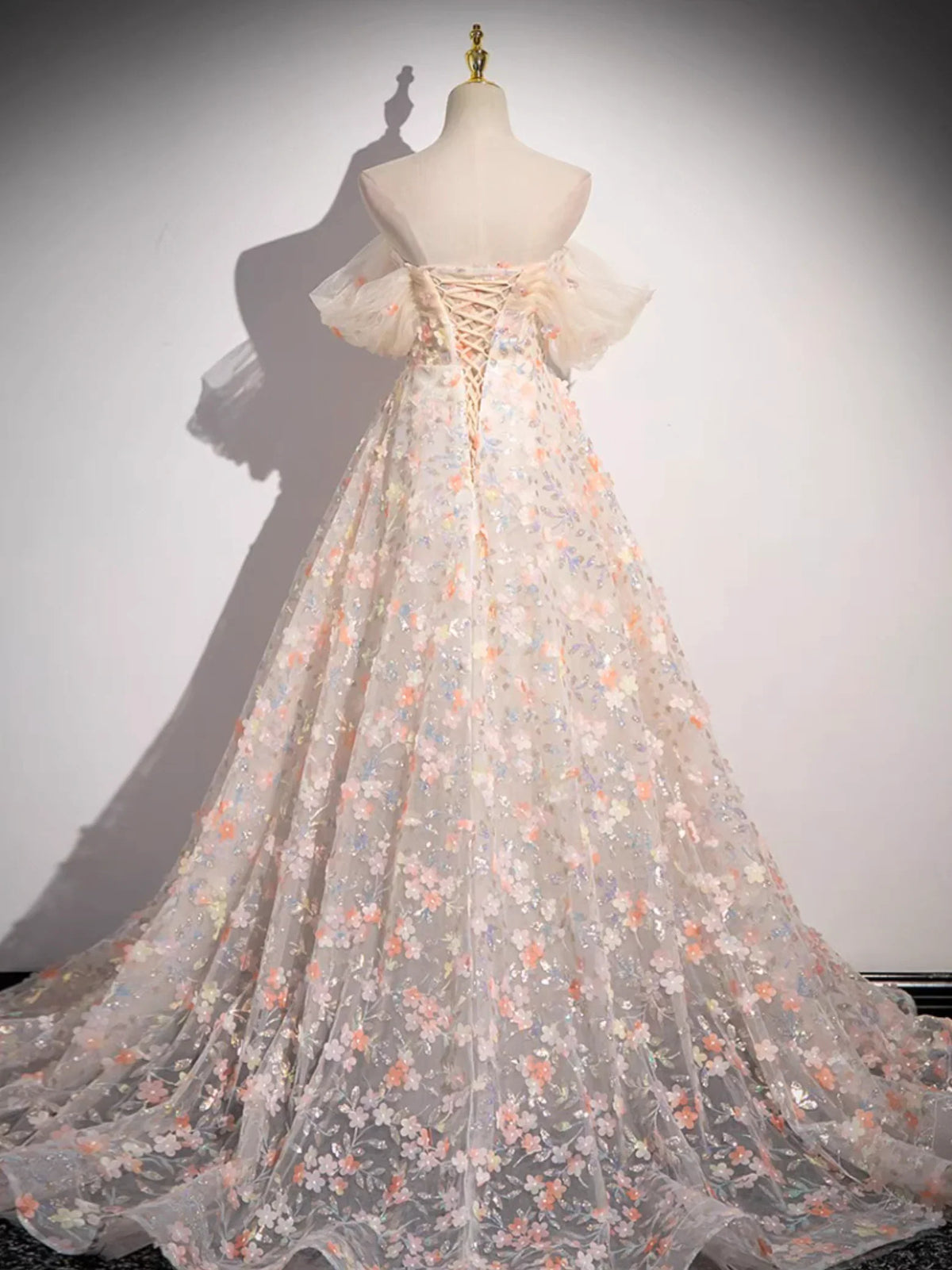 A-line Off Shoulder Tulle Lace Prom Dress With Train