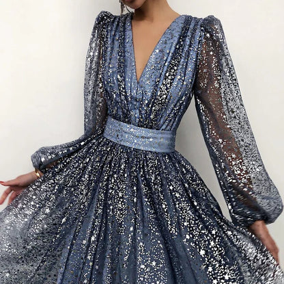Long Sleeve V-neck High Waist Slim Prom Dress