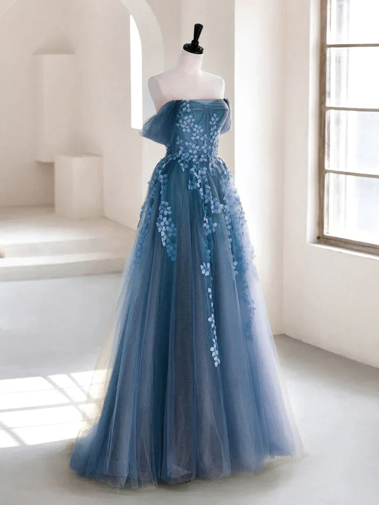 A-line Off Shoulder Tulle Prom Dress With Applique