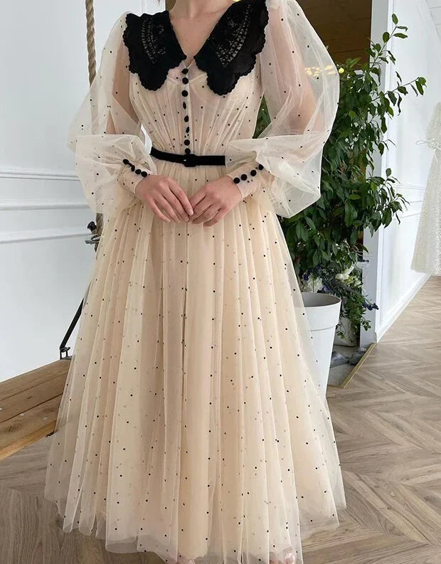 V-Neck Long Puff Sleeves Dot Tulle Prom Dress