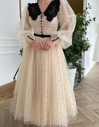 V-Neck Long Puff Sleeves Dot Tulle Prom Dress