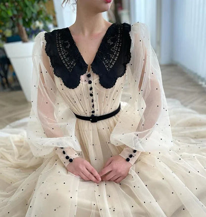 V-Neck Long Puff Sleeves Dot Tulle Prom Dress