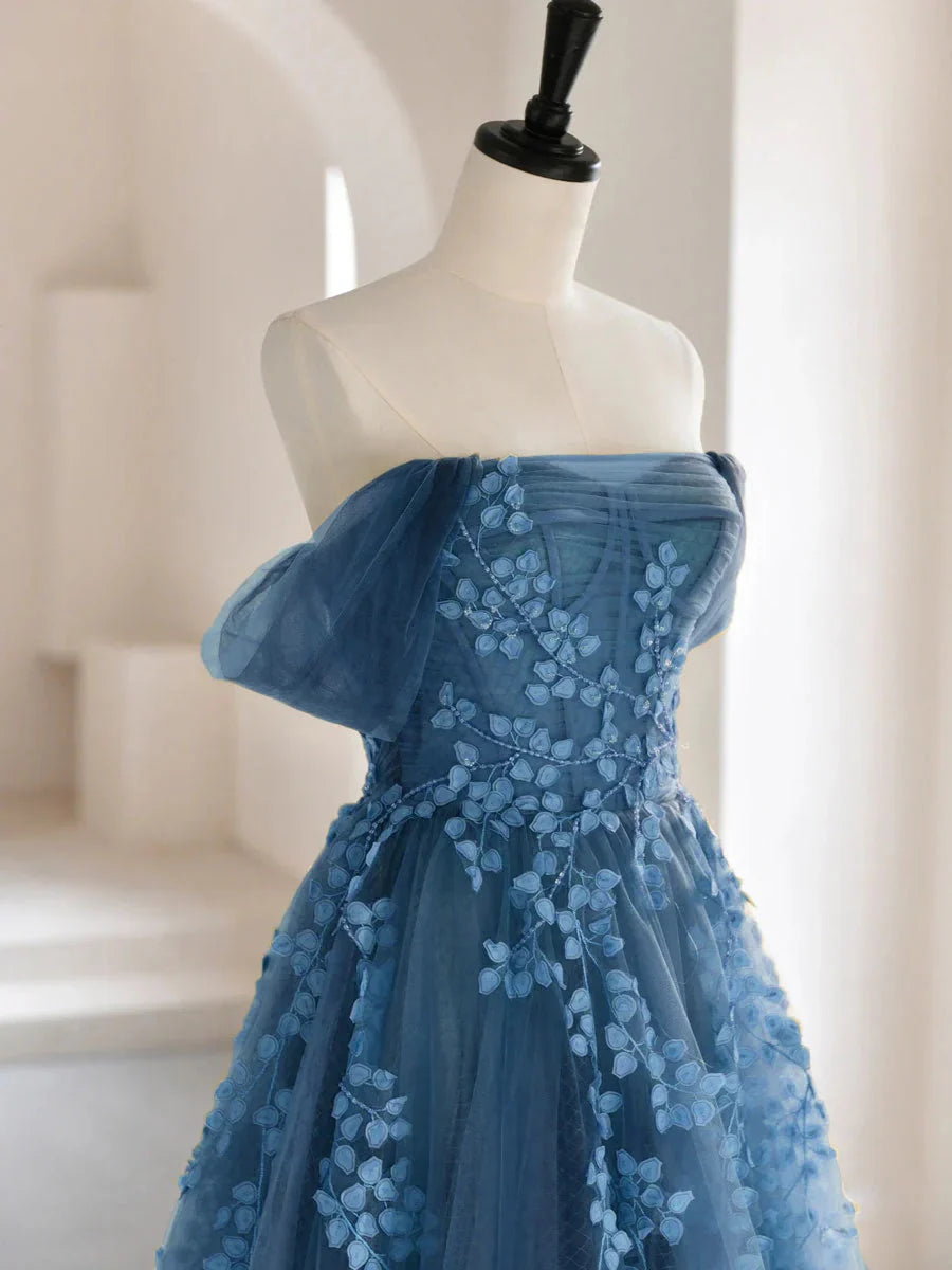 A-line Off Shoulder Tulle Prom Dress With Applique