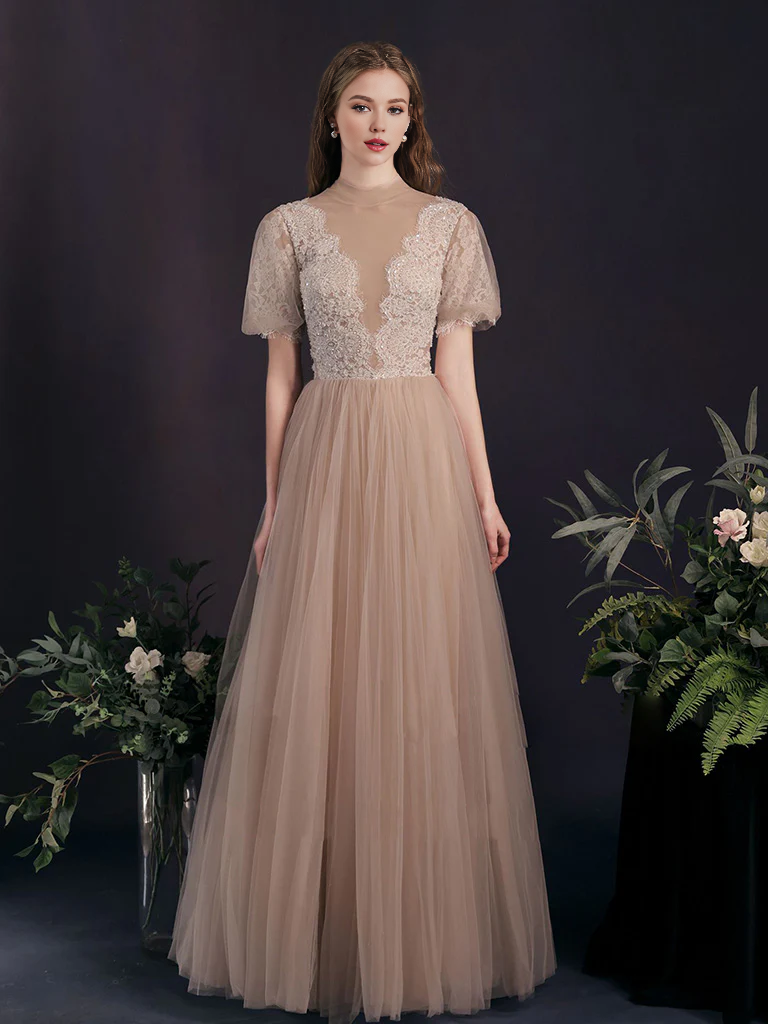 A-line Tulle Lace Short Sleeves Prom Dress