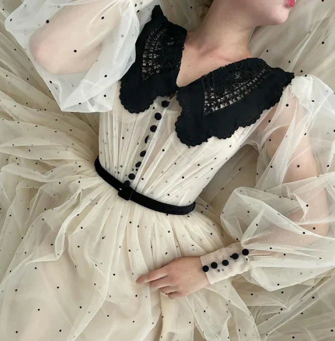 V-Neck Long Puff Sleeves Dot Tulle Prom Dress