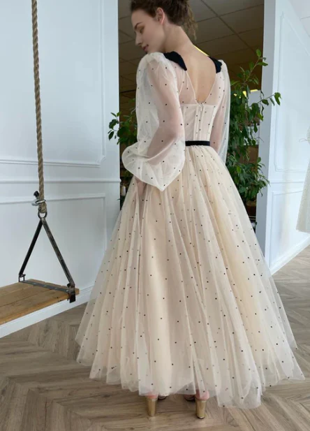 V-Neck Long Puff Sleeves Dot Tulle Prom Dress