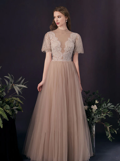 A-line Tulle Lace Short Sleeves Prom Dress