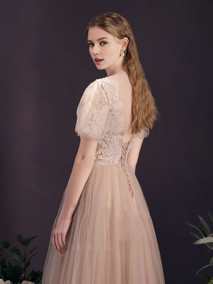 A-line Tulle Lace Short Sleeves Prom Dress