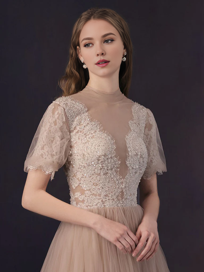 A-line Tulle Lace Short Sleeves Prom Dress