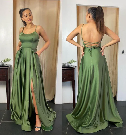 Elegant Spaghetti-Straps Split Prom Dress With Pocket