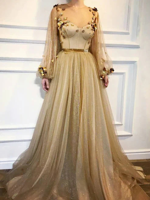A-line Scoop Neck Long Sleeve Prom Dresses