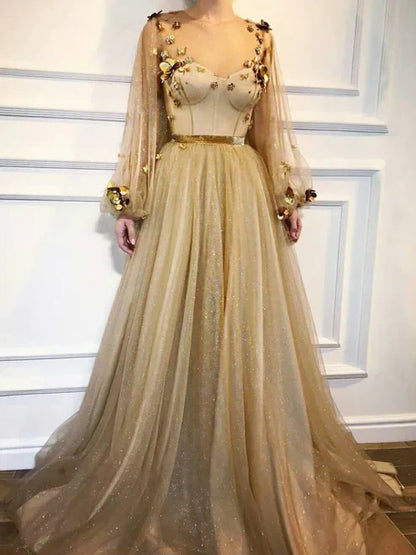 A-line Scoop Neck Long Sleeve Prom Dresses