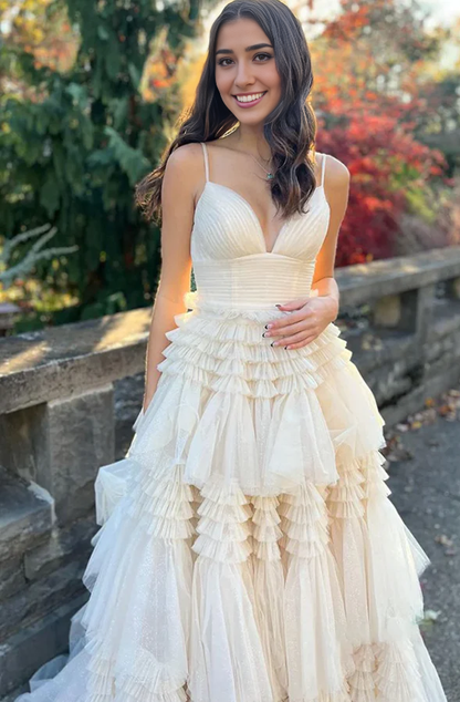 A-line Deep V-neck Multi-layer Prom Dress