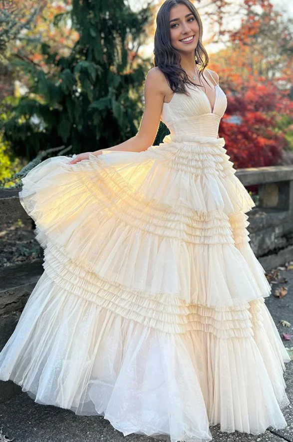 A-line Deep V-neck Multi-layer Prom Dress