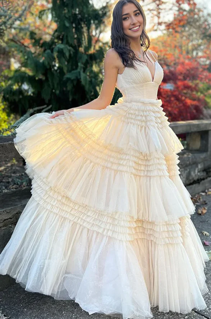 A-line Deep V-neck Multi-layer Prom Dress