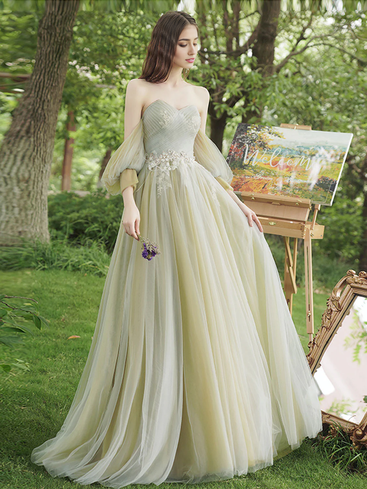 A-line Tulle Lace Off-the-Shoulder Prom Dres
