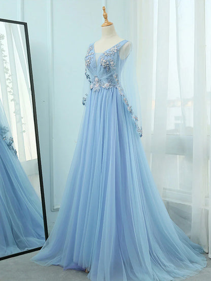 A-line V Neck Tulle Lace Backless Prom Dresses