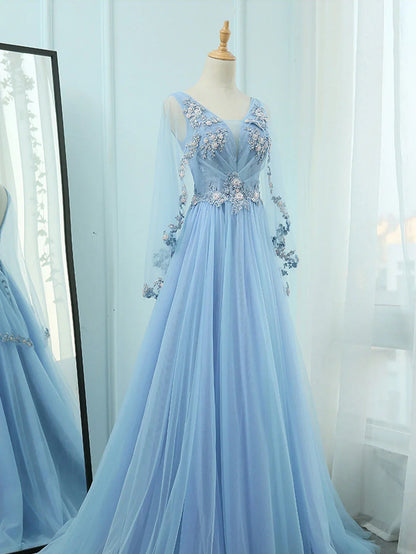 A-line V Neck Tulle Lace Backless Prom Dresses