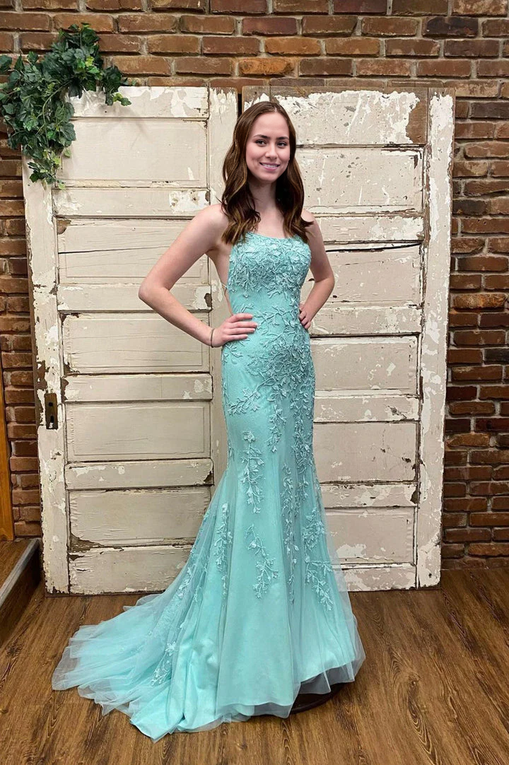 Spaghetti Straps Train Prom Dress with Appliques