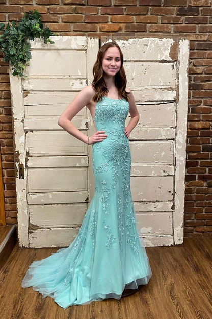 Spaghetti Straps Train Prom Dress with Appliques