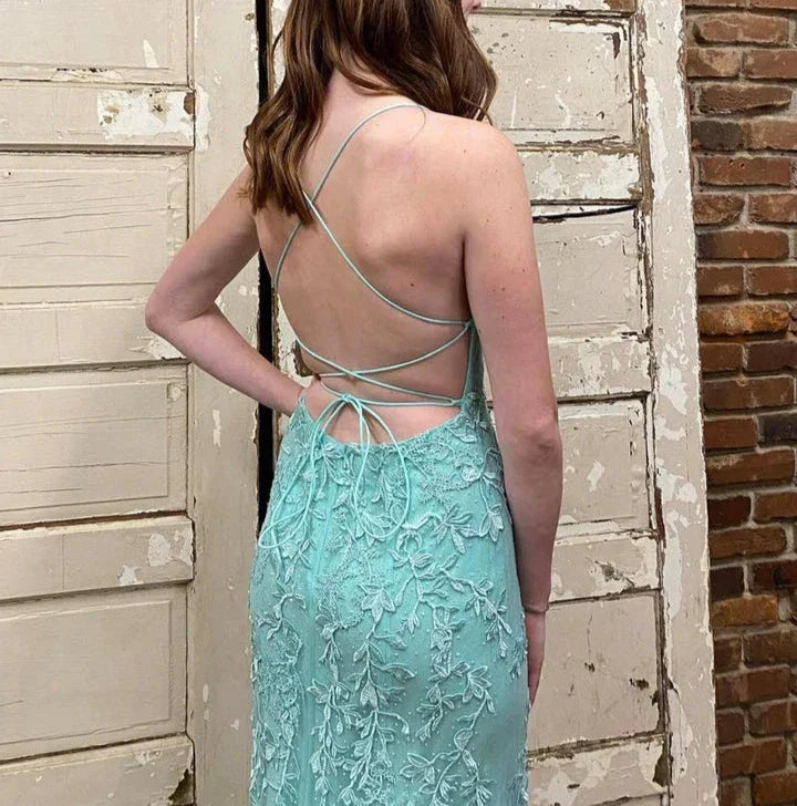 Spaghetti Straps Train Prom Dress with Appliques