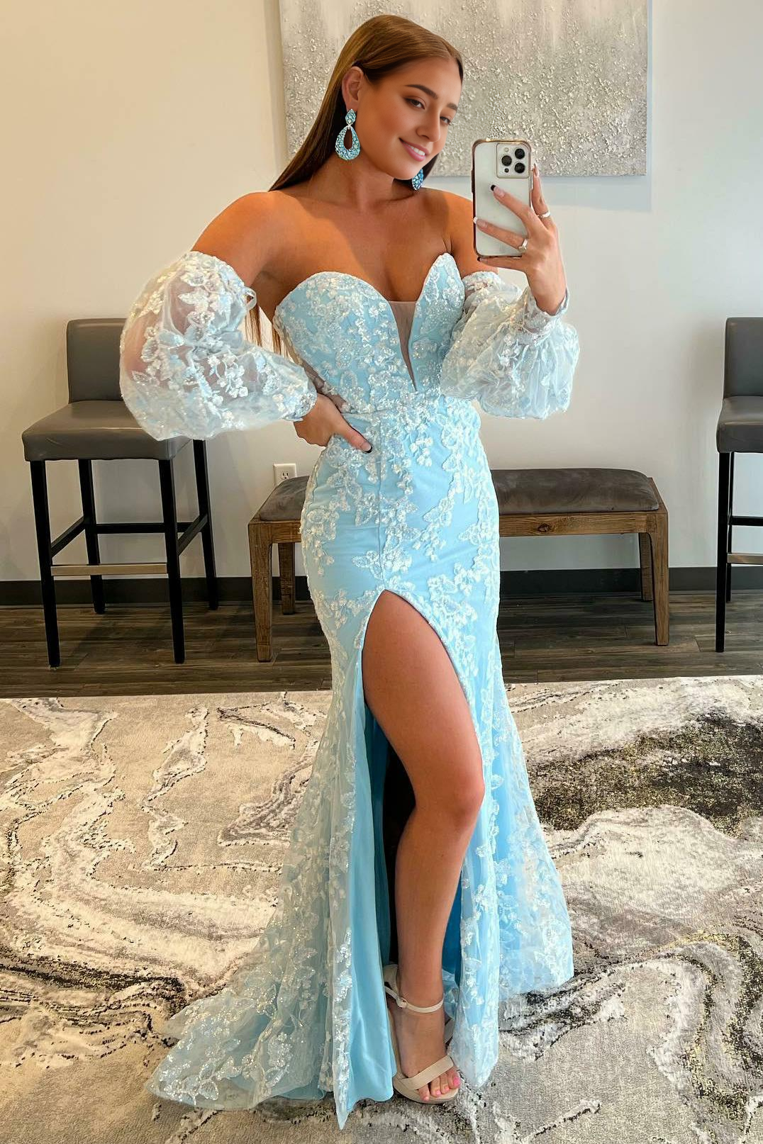 Lace Strapless Puff Sleeve Long Prom Dress With Slit