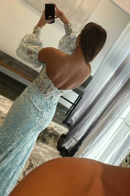 Lace Strapless Puff Sleeve Long Prom Dress With Slit