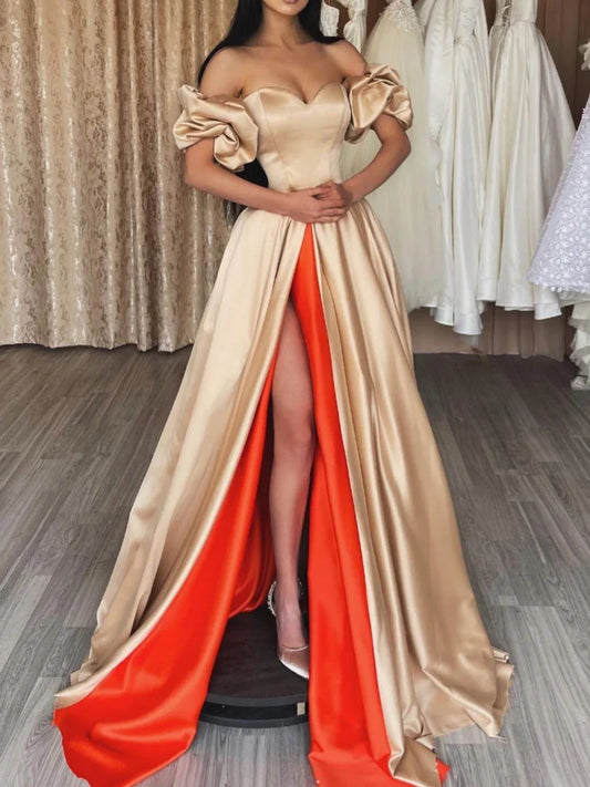 Off-the-Shoulder Satin Long Prom Dress With Slit