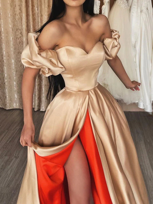 Off-the-Shoulder Satin Long Prom Dress With Slit