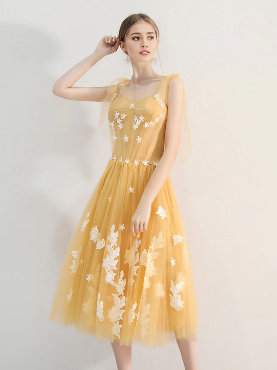 A-line Tulle Lace Backless Prom Dresses With Applique ﻿