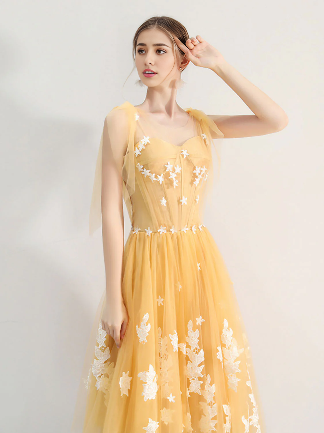 A-line Tulle Lace Backless Prom Dresses With Applique ﻿