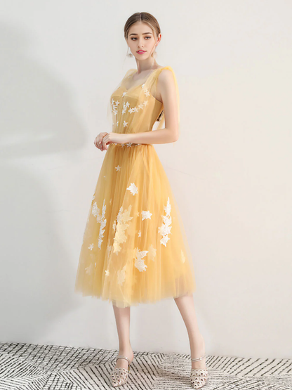 A-line Tulle Lace Backless Prom Dresses With Applique ﻿