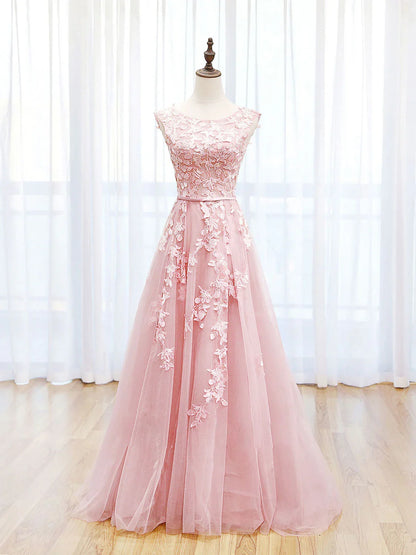 Scoop Neckline Tulle Backless Prom Dres With Applique