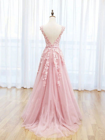 Scoop Neckline Tulle Backless Prom Dres With Applique