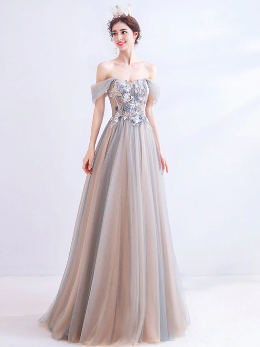 A-line Off Shoulder Lace Prom Dress With Applique
