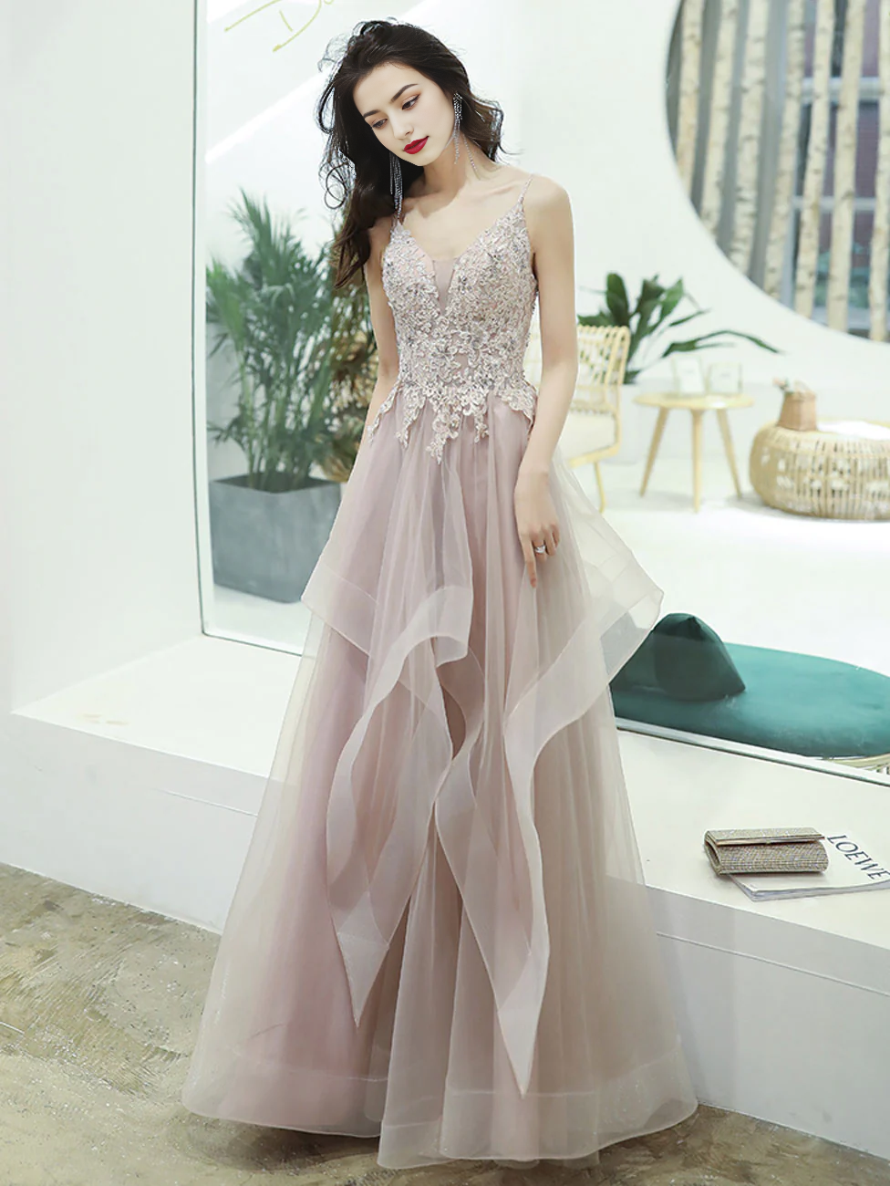 A-line Spaghetti Straps V Neck Prom Dress Lace Beading