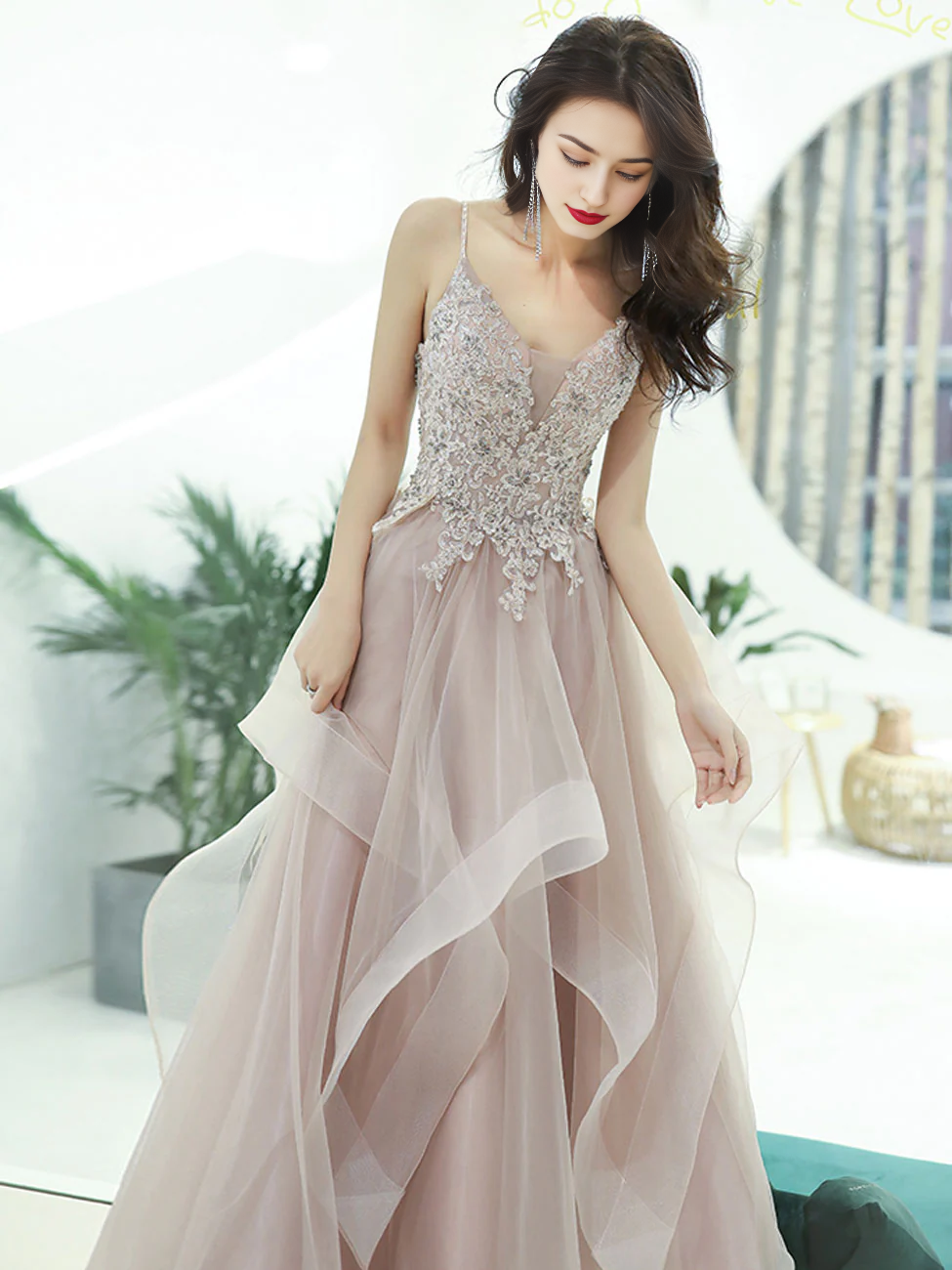 A-line Spaghetti Straps V Neck Prom Dress Lace Beading