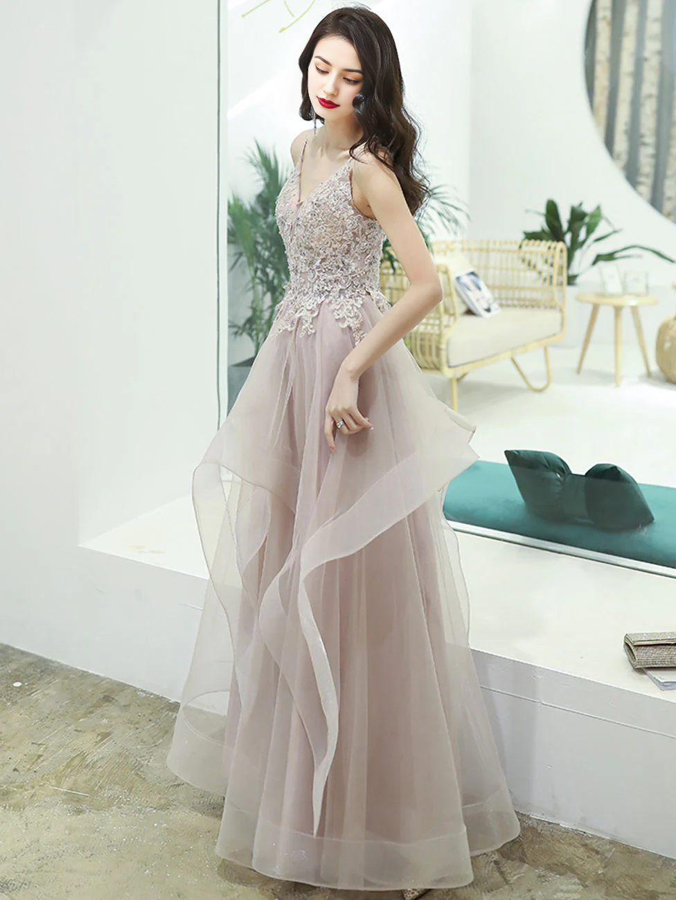 A-line Spaghetti Straps V Neck Prom Dress Lace Beading
