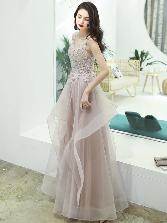 A-line Spaghetti Straps V Neck Prom Dress Lace Beading