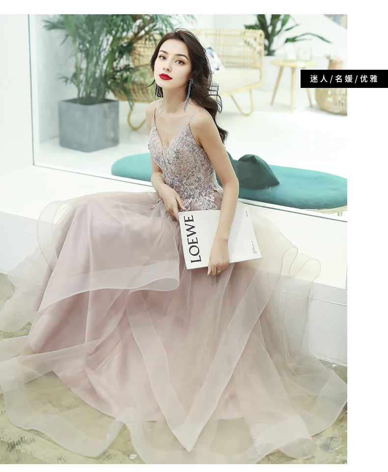 A-line Spaghetti Straps V Neck Prom Dress Lace Beading