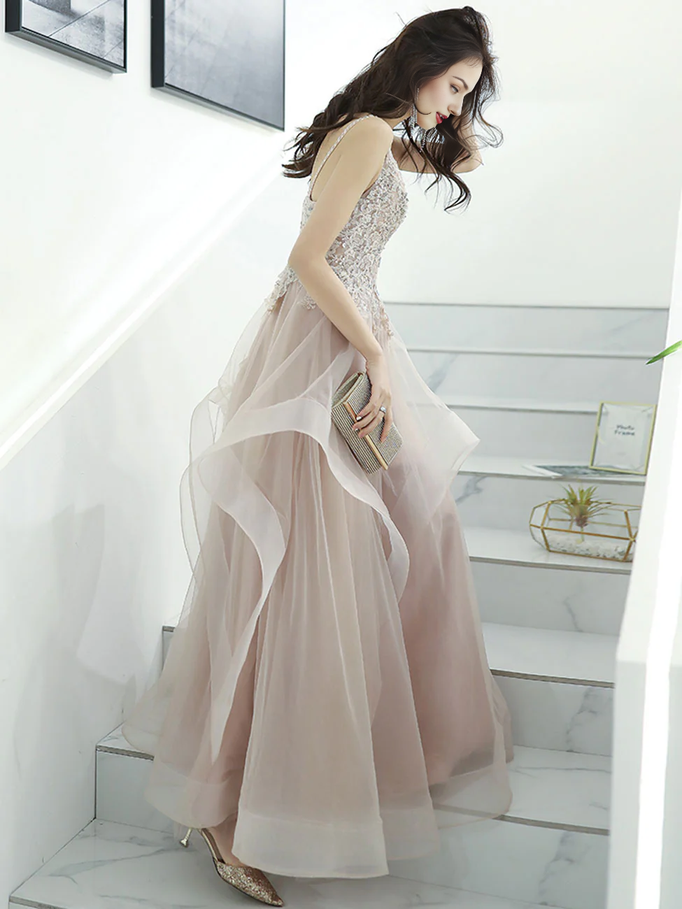 A-line Spaghetti Straps V Neck Prom Dress Lace Beading