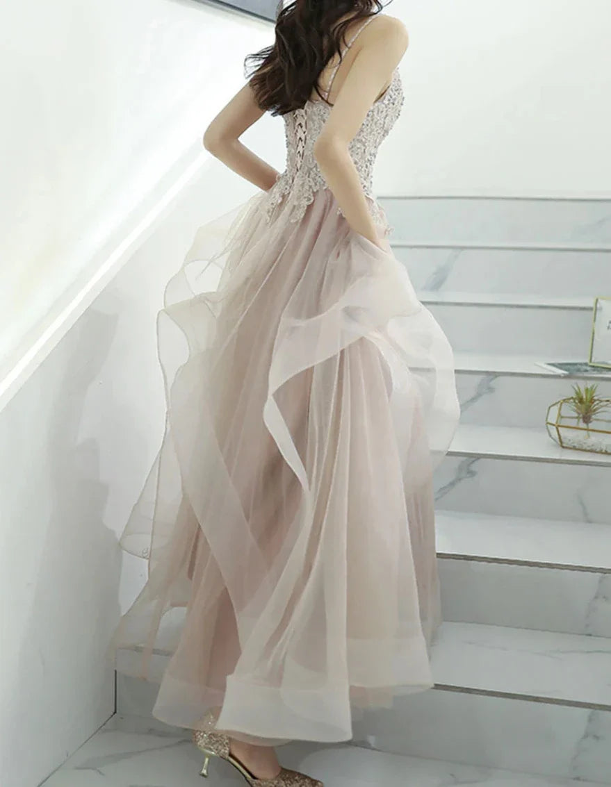 A-line Spaghetti Straps V Neck Prom Dress Lace Beading