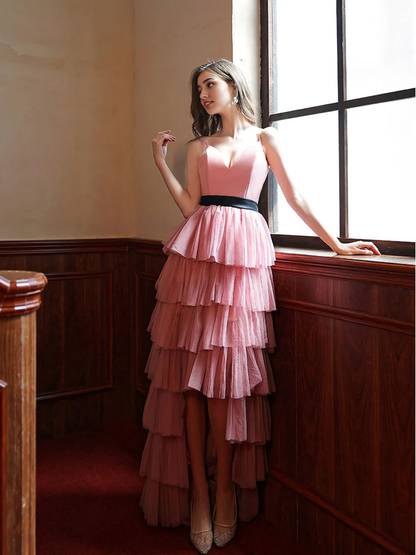 A-line V Neck High Low Multi Layer Prom Dress ﻿