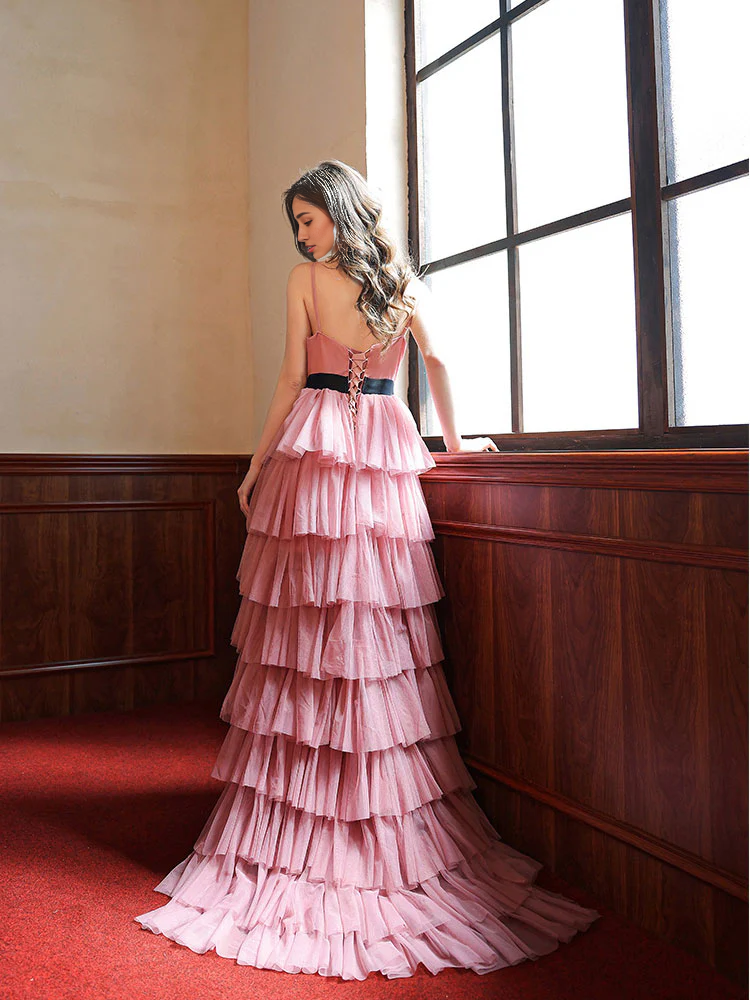 A-line V Neck High Low Multi Layer Prom Dress ﻿