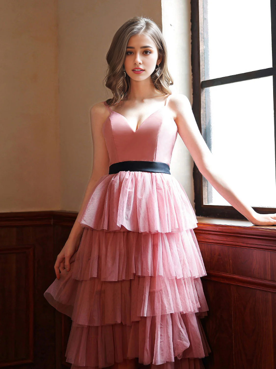 A-line V Neck High Low Multi Layer Prom Dress ﻿