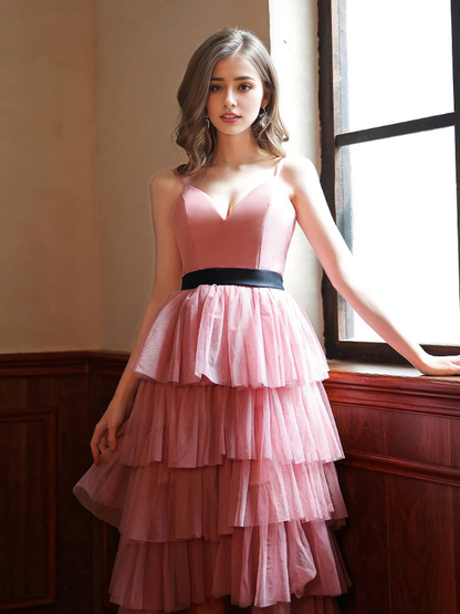 A-line V Neck High Low Multi Layer Prom Dress ﻿