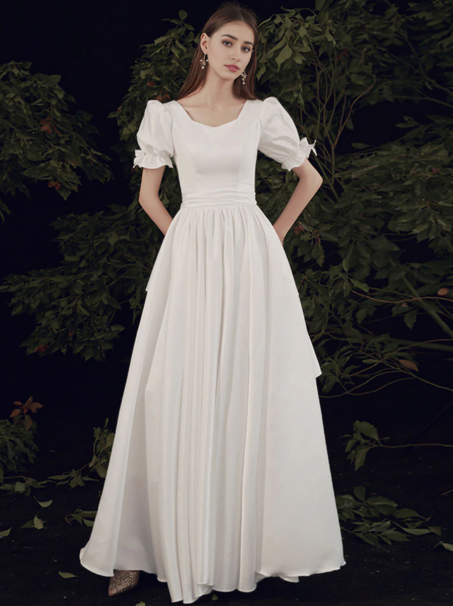 Simple A-line Short Sleeves Long Prom Dress