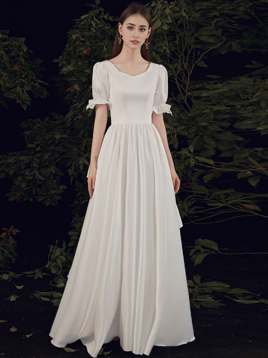 Simple A-line Short Sleeves Long Prom Dress