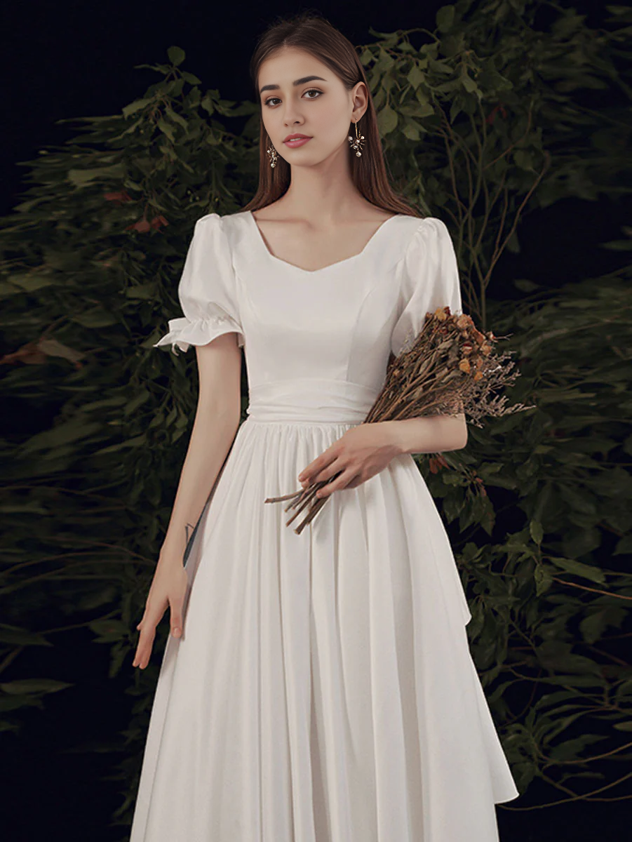 Simple A-line Short Sleeves Long Prom Dress